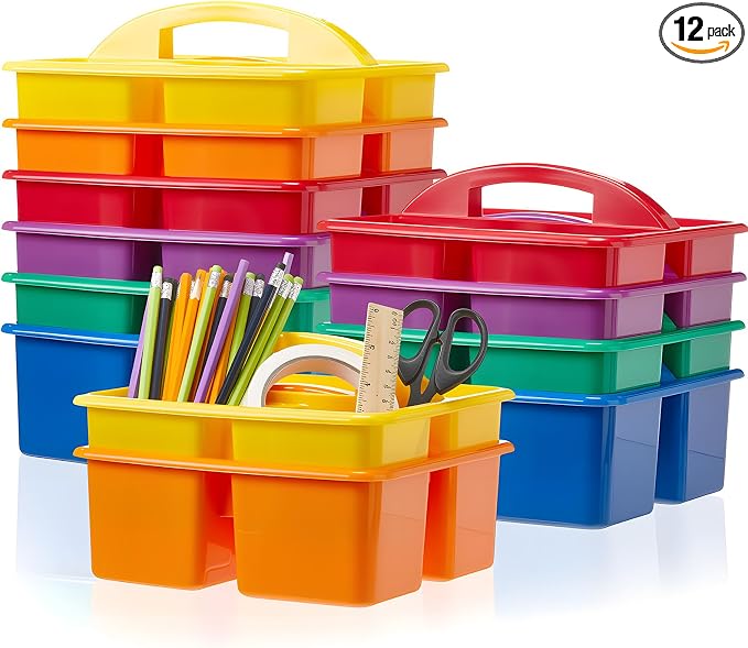 Threehoney 12 Pack Classroom Caddy Storage Basket with Handle 3 Compartment Plastic Storage Caddy Bulk for Arts Office Crafts Pencil Crayon Marker School Supplies(Multicolor)