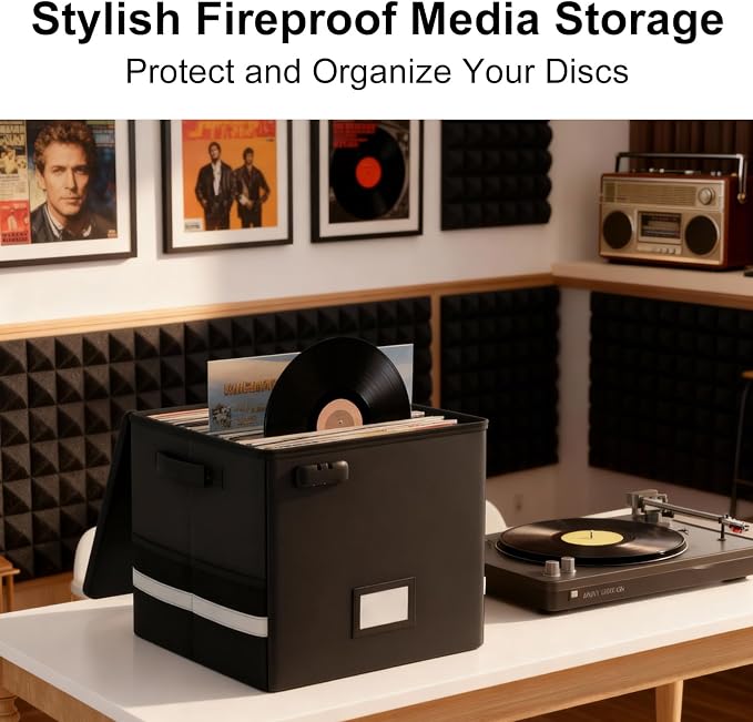 Vinyl Record Storage Box with Lock, 2 Packs Fireproof & Water-Resistant Record Organizer for 100+ 12-inch Vinyl Albums, Collapsible Crate with Lid & Handles, 13"x13"x13" Record Case