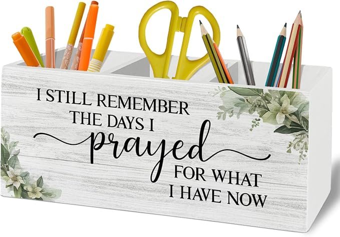 Inspirational Christian Pen Pencil Holder Organizer for Desk Accessories, Bible Verse Religious Wooden Box Sign Desk Decor for Home Office Decoration, Inspirational Christian Gifts for Women