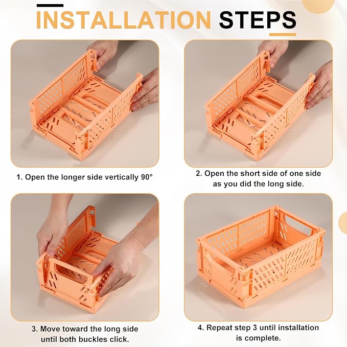 uxcell 2Pcs Small Plastic Storage Baskets, 9.6 x 6.3 x 4.1 Stackable Foldable Storage Bins with Handles Collapsible Crates for Home Office Shelves Closet Books Organizing, Light Orange