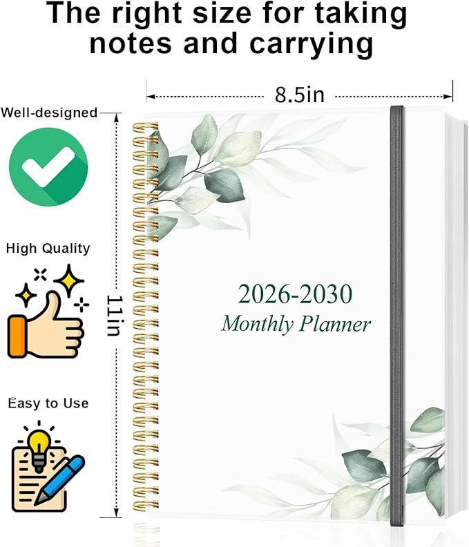 2026-2030 Monthly Planner - 60 Month PLanner Calendar from January 2026 to December 2030, 5 Year Planner 2026-2030 with Flexible Cover, Inner Pocket, Perfect for Home | School | Office, 8.5" x 11", Green Leaf