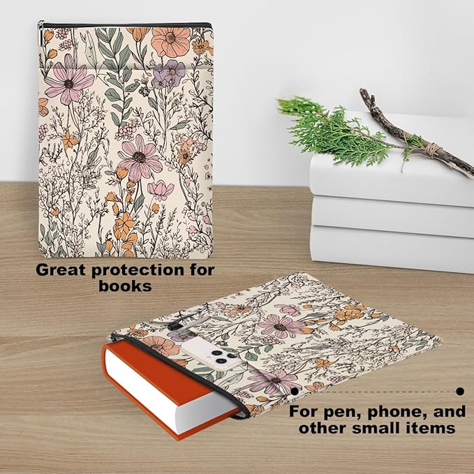 Floral Book Sleeve, Wildflower Book Covers for Paperbacks, Garden Flowers Book Pouch Book Protector, Book Lovers Gifts for Women Girls Friend, Book Accessories Book Club Gifts Christmas Birthday Gifts