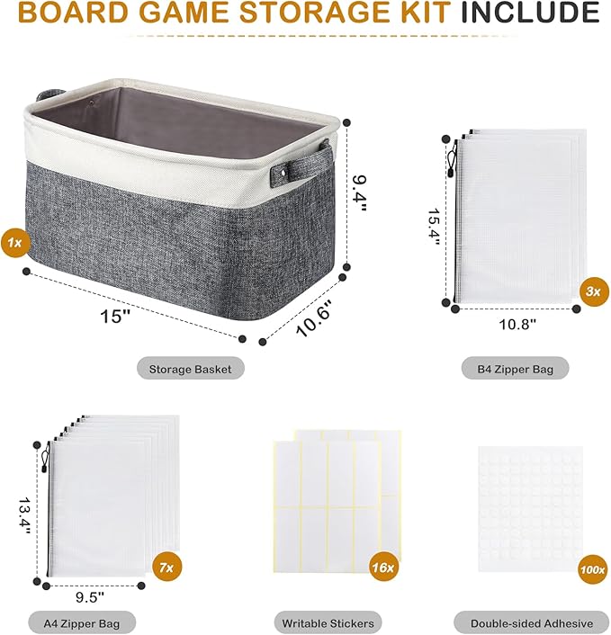 Board Game Storage Kit Include Storage Basket and 10pcs Zipper Bags, Board Game Organizer with Writable Stickers and Dispensing, Suitable for Puzzle Storage, Toys, Document (1 Pack-Grey)
