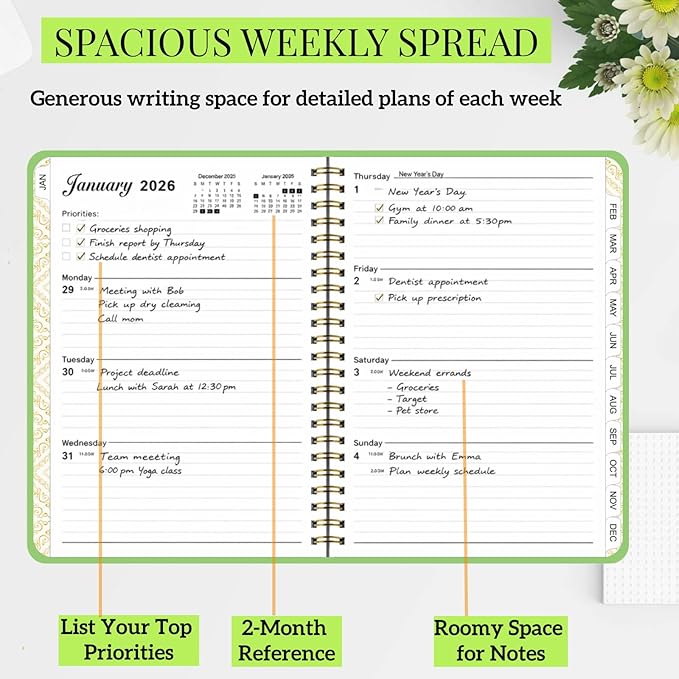 Planner 2026 For Women Men,Monthly and Weekly Agenda Calendar Planner,Jan 2026 to Dec 2026 A5 (6.3" x 8.5"),Teacher Student Hard Cover Daily Planning Book with Tabs,for Office School Home,Green