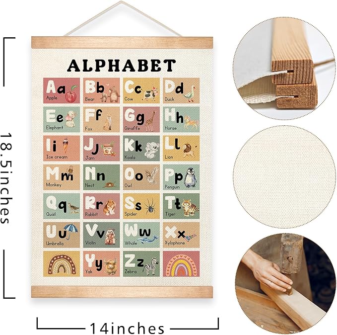 Educational Alphabet Chart Wall Art, 18.5x14Inch Colourful Alphabet Canvas Print Poster with Wooden Henger, Classroom Learning Posters, A-Z Letters Wall Art Decor for Nursery,Playroom and Home School