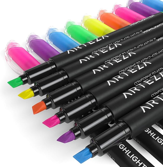 ARTEZA Highlighters – Set of 60 Assorted Neon Colors with Narrow Chisel Tips, Quick-Dry Ink for School, Office, Journaling & Note-Taking