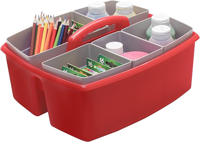 Storex Large Classroom Caddy with Cups, 13 x 11 x 6.575 Inches, Red, Case of 2 (00981U02C) (Pack of 2)