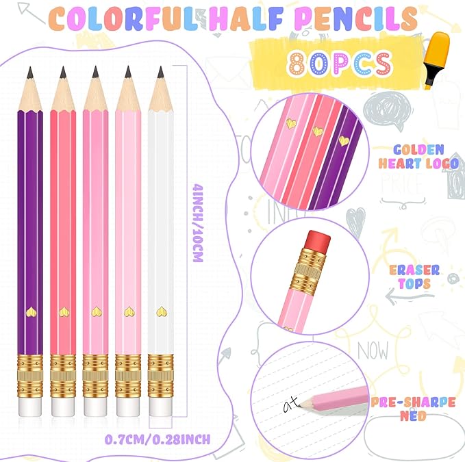Nezyo 80 Pcs Mini Golf Pencils with Eraser 2 HB 4 Inch Half Pencils Hexagon Pre-sharpened Color Pen for Bridal Wedding Classroom School Office(Pink Dream Color,Heart Style)