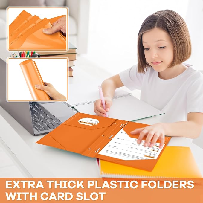 Henoyso 72 Pcs Plastic Folder with Clear Front Pocket and 3 Prong Plastic Folders with Card Slot Pocket Folders with Prongs for School Office (Orange)