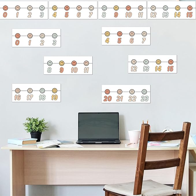 Whaline 32 Pcs Boho Number Line Bulletin Board Colorful Smile Face Number Line Boarder Strips Math Borders for Home Back to School Classroom Wall Decor