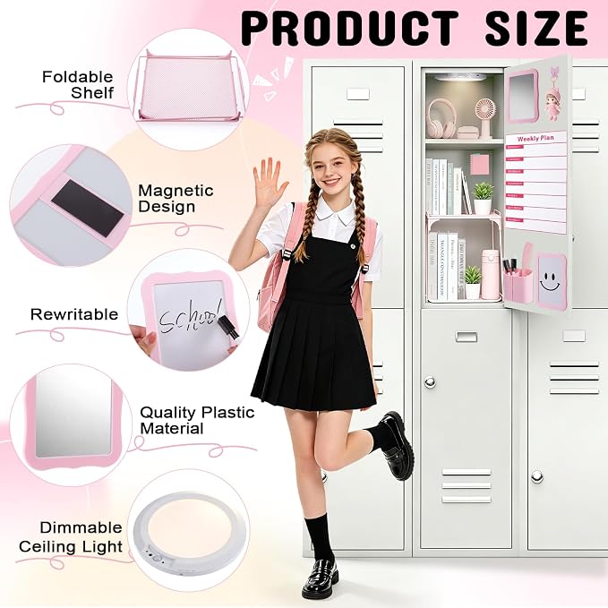 Pink Locker Accessories Kit 16PCS, School Locker Organizer Set with Shelf, Magnetic Mirror, Whiteboard Marker, Pen Holder, Rug, Magnetic Lights, Locker Decor for Girls Teens
