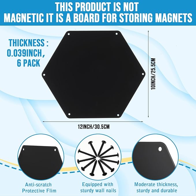 LEIFIDE 6 Pcs Black Magnetic Board 12 x 10 Inch Wall Mounted Hexagonal Magnet Bulletin Board Suitable for Displaying Notes Memos Photos Office Supplies Kitchenware Vision Boards, Equipped with Screws