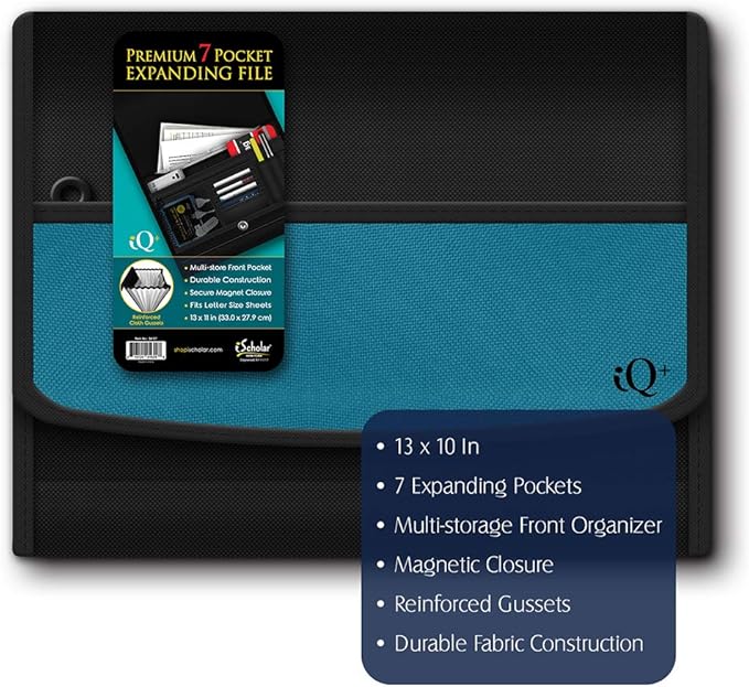 iQ Plus Premium 7 Pocket Fabric Expanding Folder, 13 x 10 Inches, Color Will Vary (34107)