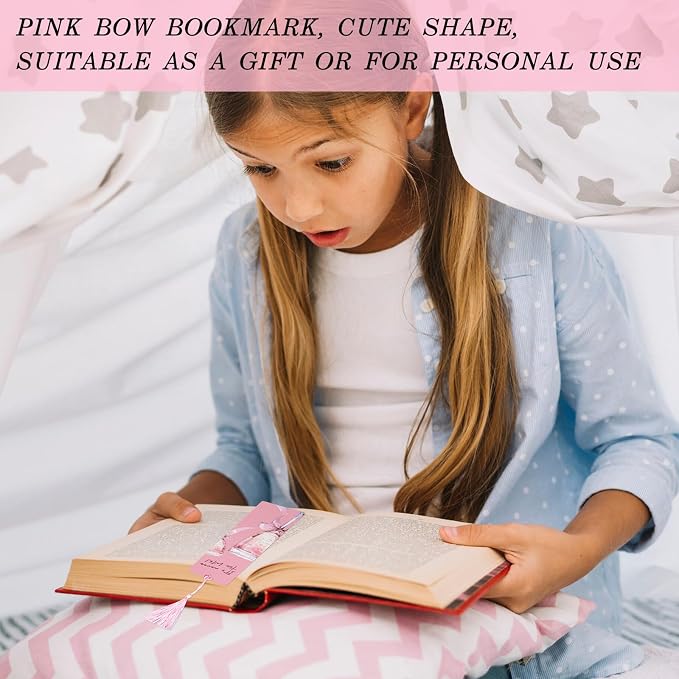 12PCS Pink Bow Bookmarks, Paper Bookmark with Tassels, Pink Bookmarks for Book Lovers Gifts, Double-Sided Colorful Cute Book Marks for Women, Book Accessories, Classroom Reading Supplies