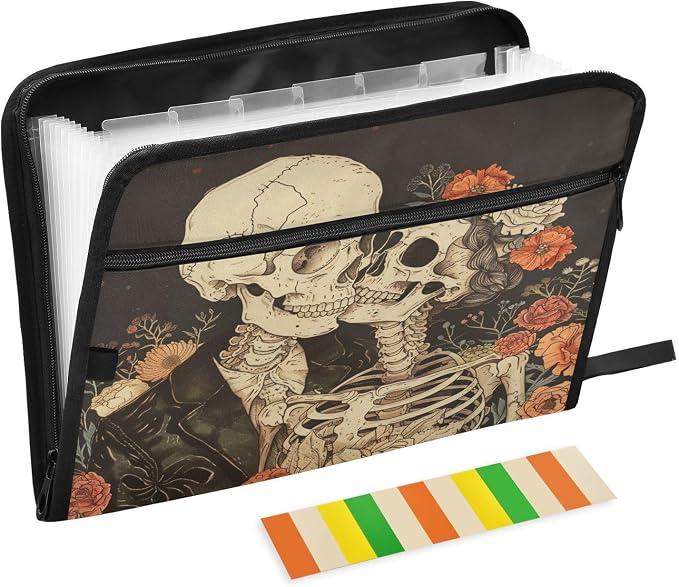 ALAZA Romantic Skeletons and Flowers Expanding Filing Folder, 13 Pockets Expandable Document Organizer Folder with Zipper Closure for Home Office A4 Letter Size Paper Document