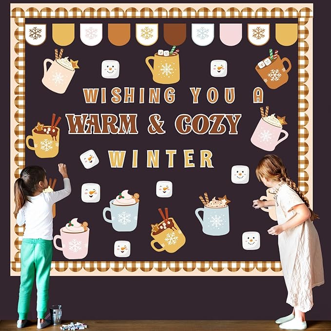 Winter Bulletin Board Set Cocoa Mug Classroom Decorations Hot Cocoa Marshmallow Paper Cutouts for Door Wall Winter Holiday Party Supplies