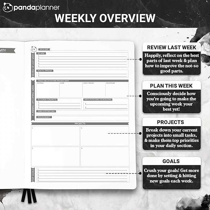 Panda Planner Weekly 2026, Undated Weekly Planner for Office, School & Home – 8"x11" Soft Vegan Leather Organizer Notebook with To-Do Lists, Habit Tracker, Notes & Agenda – Black