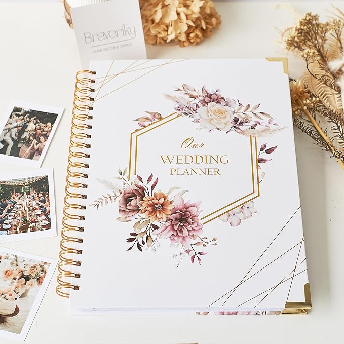 Wedding Planner Book and Organizer for the Bride, 9x12" Wedding Planning Book with 5 Tabbed Sections, Pockets, Checklists, Calendars, Countdown, Metal Corner, Engagement Gifts for Couples, Flower