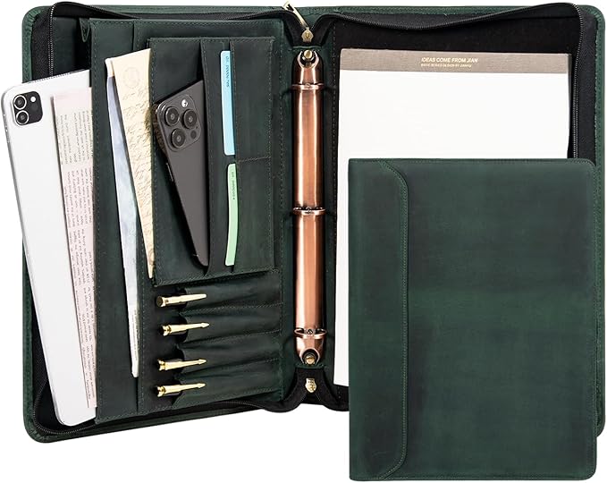 AZXCG Genuine Leather Portfolio Binder for Men& Women,Padfolio Organizer with Zipper,Padfolio Folder for iPad Pro 12.9/ Letter Size Notepad,Business Executive Gift for Men, for Valentine's Day