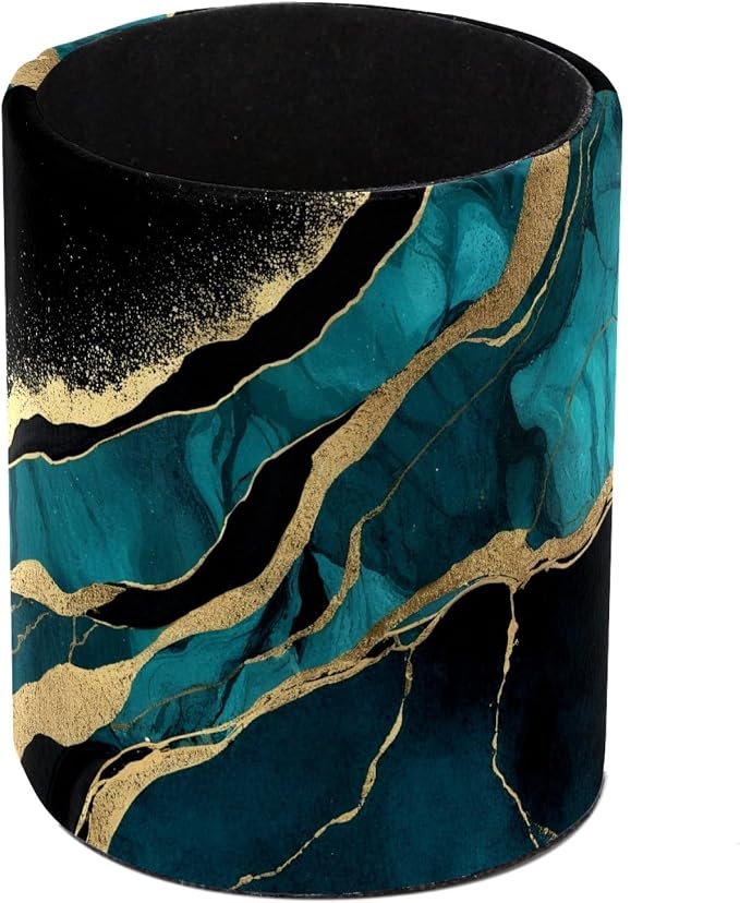 Leather Pen Holder for Desk, Malachite Marble Makeup Brushes Holder Pencil Cup Multifunctional Desktop Organizer Caddy for Home School Office Desk Accessories