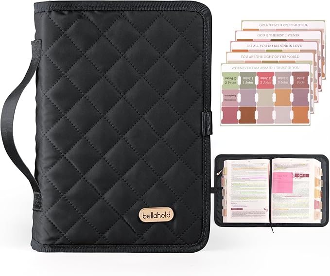 BellaHold Adjustable Bible Cover with 75 Bible Tabs - Bible Cover Case for Women，Waterproof, Washable Quilted Bible Case，Reusable Christian Gifts for Women (Black, S)
