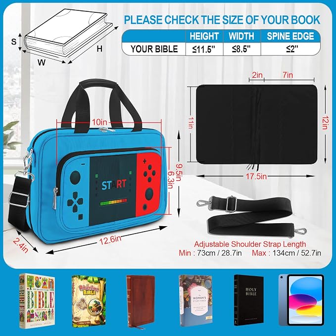 Gamer Large Bible Cover Case for Boys, Book Carrying Case with Strap Handle Zipper Pocket,Bible Protective Church Bag,Bible Study Supplies Journaling Kit,Bible Organizer Holder Bag,Christian Gift Blue