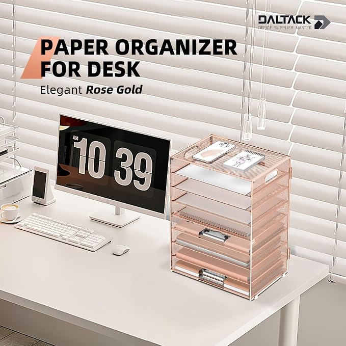 DALTACK 9-Tier Paper Organizer for Desk, Mesh Letter Tray Desk Organizer with Handles, Space-Saving File Organizer for Office Home School, Gold Rose