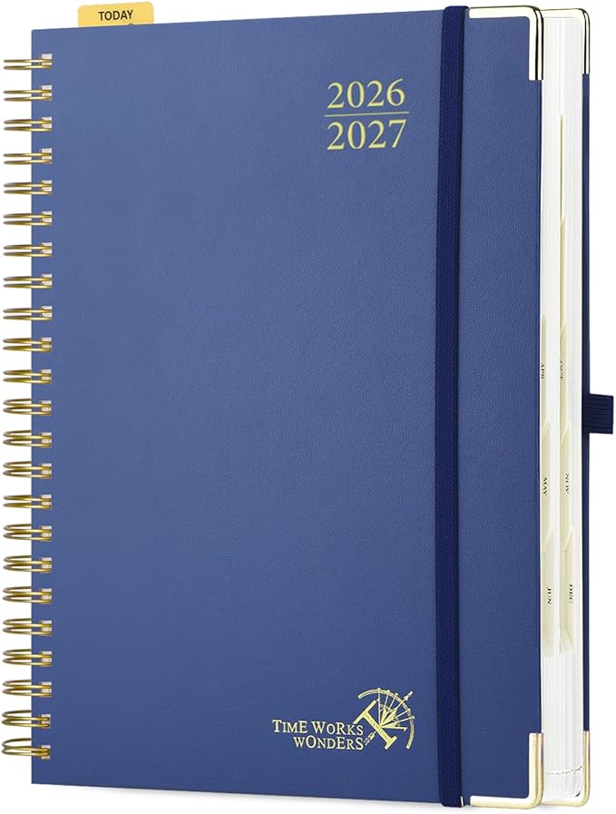 POPRUN 2026-2027 Daily Planner One Page Per Day, Large Size 8.5" x 12", Daily Calendar Book with July 2026 to June 2027, Academic Hardcover Appointment Book with Hourly Time Slots, Spiral Bound, Monthly Tabs - Navy Blue