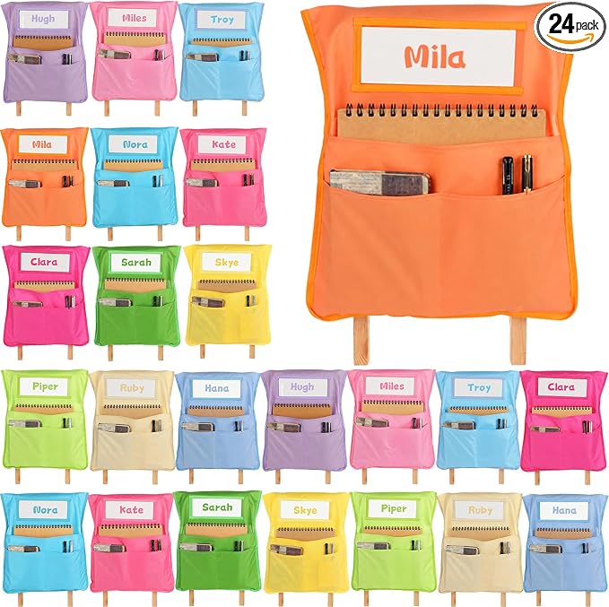 24pcs for Classroom 16.3x19.7inch Classroom Chair Pockets with Name Tag 3 Pockets Chair Organizer for Teacher Student School Office(Pastel)