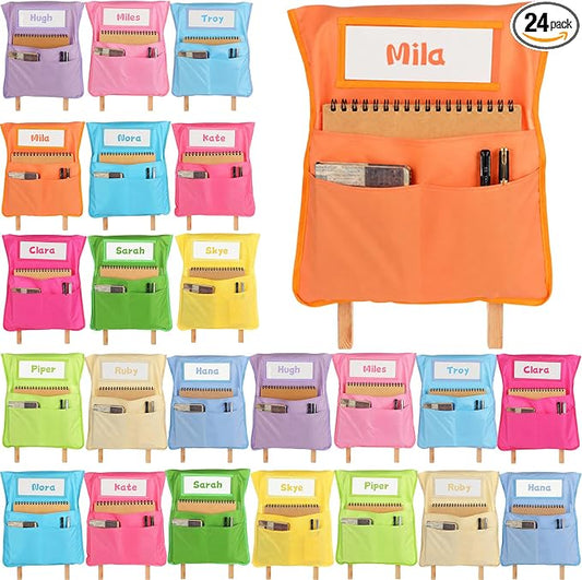 24pcs for Classroom 16.3x19.7inch Classroom Chair Pockets with Name Tag 3 Pockets Chair Organizer for Teacher Student School Office(Pastel)
