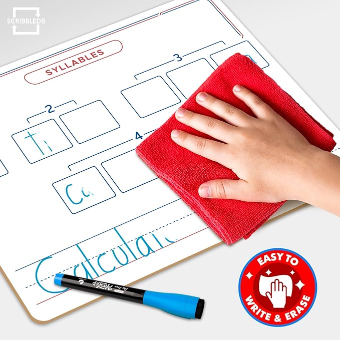 SCRIBBLEDO Elkonin Boxes Dry Erase Board 9x12 Inch Phonics Games Sounds and Blends Syllables Writing Practice Reusable Spelling Words Learn to Read and Write Homeschool & Classroom Supplies