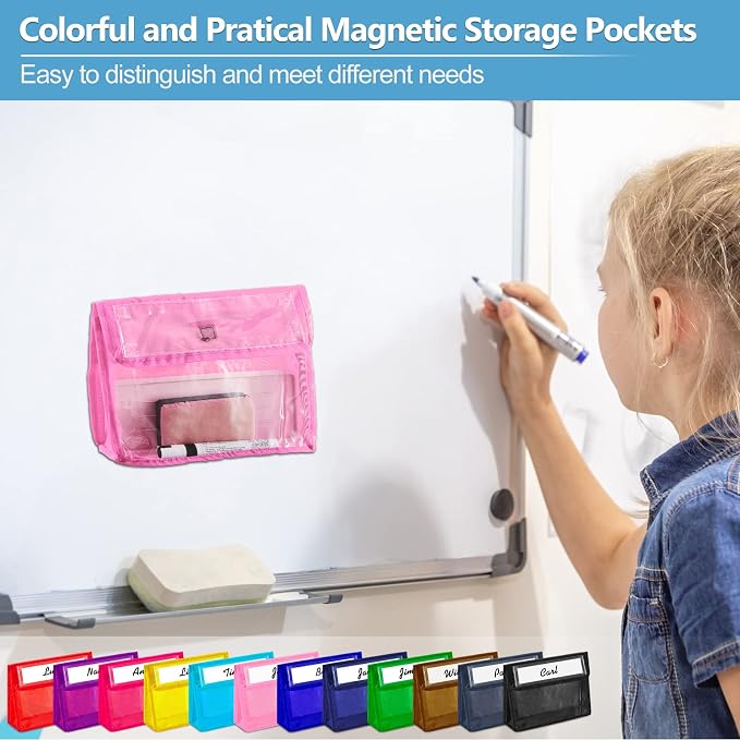 Patelai 24 Pcs Magnetic Storage Pockets Whiteboard Accessory Case Storage Pouches for Organization Magnet Organizer Pocket File Holder for Office, 12 Colors