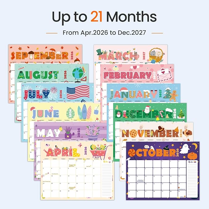 SUNEE Wall Calendar 2026-2027- 21 Months Apr.2026 - Dec. 2027, 14.5"x11.5" Big Grid Hanging Calendar 2026 with Note for Organizing & Planning, 2026 Wall Calendar with Note, Cute