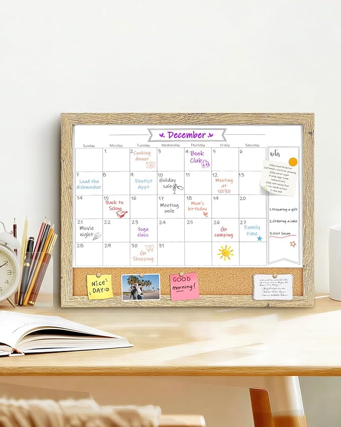Dry Erase Calendar Whiteboard for Wall, Small Combination Magnetic Dry Erase White Board & Bulletin Board, 13" x 17" Rustic Brown Frame Calendar/Cork Combo Board(RB-3343)