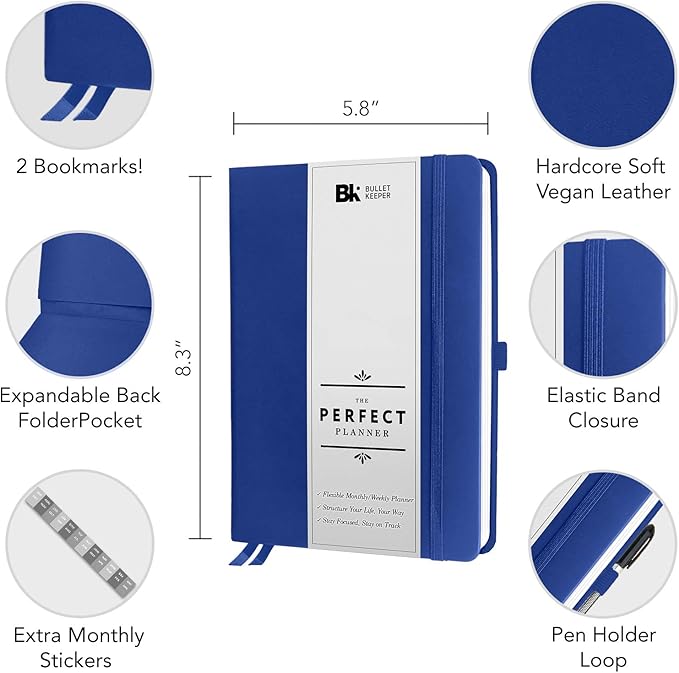 BK UNDATED Yearly Weekly/Monthly Planner 2026-27 Daily Planner Agenda & Personal Organizer to Increase Productivity, Academic Planner w/Sticker Set. A5 (5.8 x 8.3) - Blue Hardcover