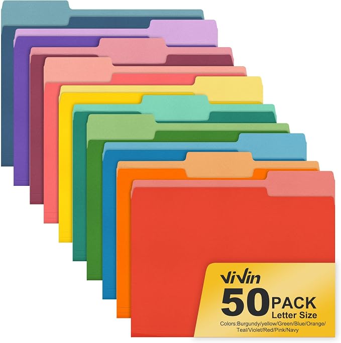ViVin Colored File Folder, 50 Pack, 1/3-Cut Tabs, Letter Size | Multicolored,Fits 8.5*11 Paper, Manilla Folders, For Home Office School Documents
