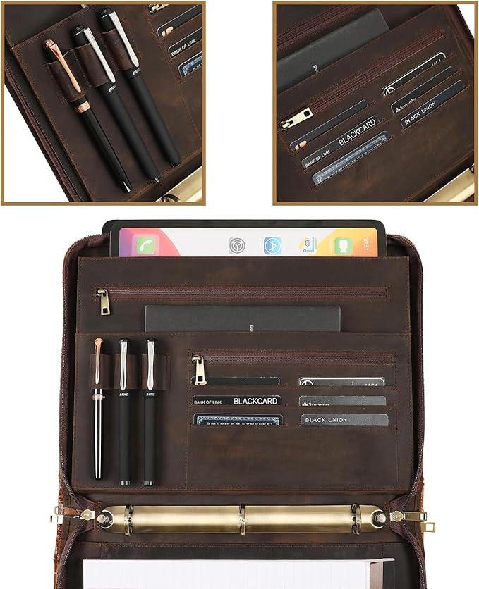 Genuine Leather Portfolio, 3 Ring Binder Padfolio, 11"×14" Padfolio Organizer, Professional Business Portfolio Binder for Men and Women