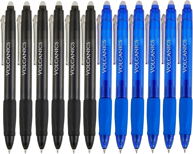 Volcanics Retractable Clicker Erasable Gel Pens - 0.7mm Ball Point, Heat Erase with Built-in Eraser, 12 Pack Soft Black and Blue