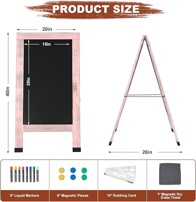 Wood Magnetic A-Frame Chalkboard Signs, 40" x 20" Large Sandwich Board Signs Outdoor, Double-Sided Sidewalk Blackboard for Business, Wedding, Vendor Display, Coffee Shope - Pink