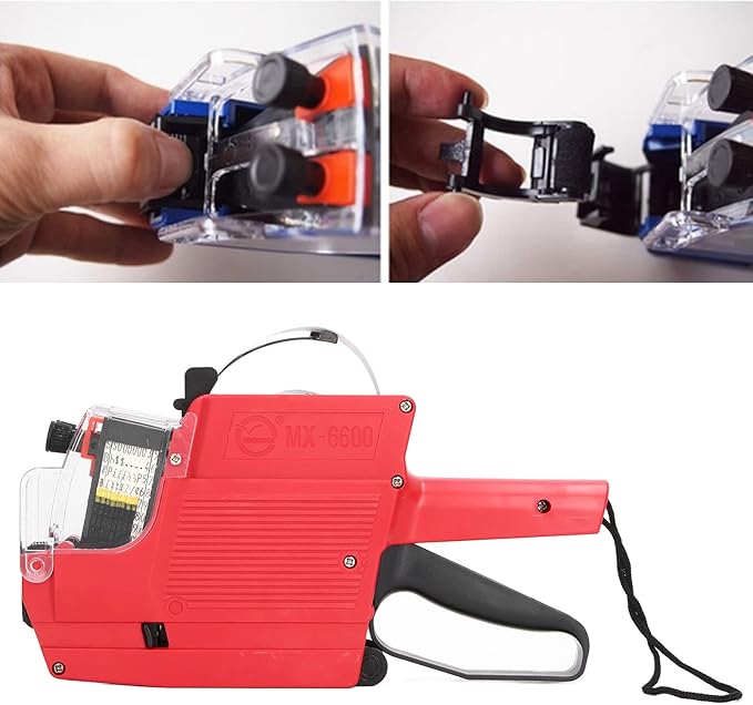 Price Tag Gun, 10 Digits 2 Lines Labeler Marker Attacher Tool for Office Retail Store 2 Row Price Tag Gun Kit with Label Stickers and Ink Rolls (Red)