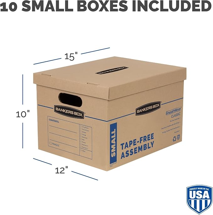 Bankers Box Small Classic Moving Box 10 Pack, Reinforced Handles, Tape-Free Assembly, Corrugate Box with Lid, 15-in x 12-in x 10-in (7714203)