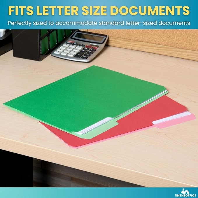 1InTheOffice Colored File Folders, Colorful Assorted Folders with Tabs, Letter Size 1/3-Cut Tab, 100/Pack