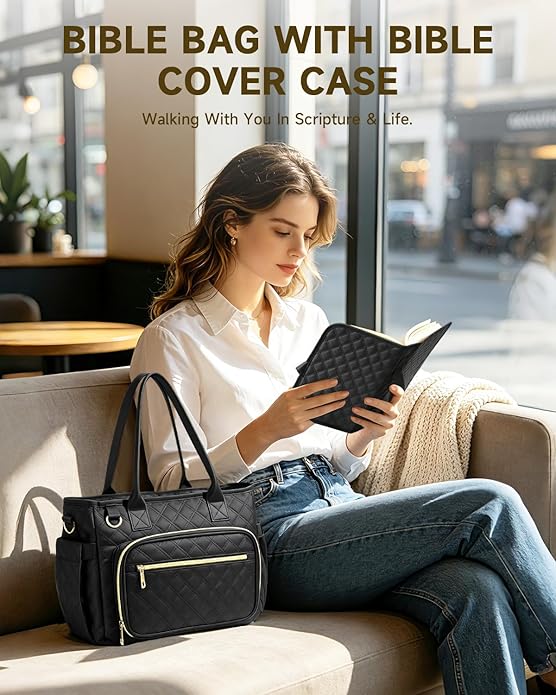 Bible Bag with Bible Cover Case for Women, Large Quilted Bible Tote Bag with Shoulder Strap