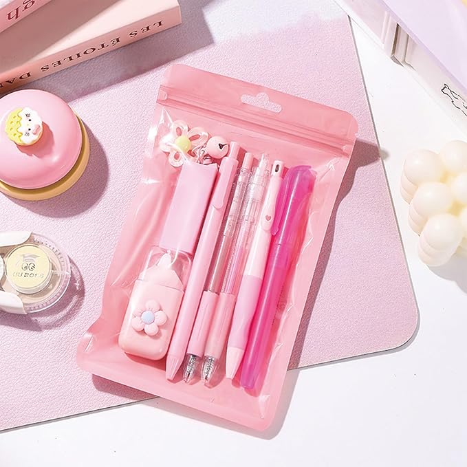 MOZXIRZ 8 Pcs Cute Pink Stationery Set for Girls Boys Women Back to School Supplies Office Supplies Kawaii Candy Colors Stationery Gift Including Pen Pencil Highlighter Eraser (Pink)