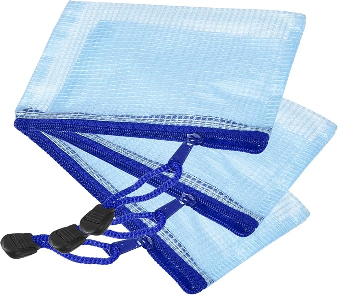YOKIVE 3 Pack Mesh Zipper Bags, B8 Mesh File Pockets | Plastic Document Pouch, Great for Office Appliances Travel Storage(Blue)