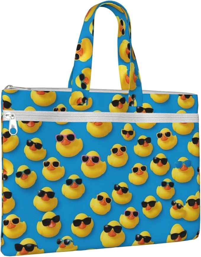 Waterproof Canvas Document Bag Cute Rubber Yellow Ducks with Sunglasses, Zippered File Briefcase with Handle for Office Meetings and Travel