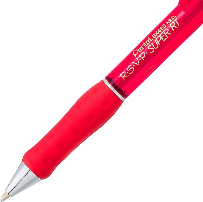 Pentel RSVP Super RT Ballpoint Pen, (1.0mm) Medium Line, Red Ink, Box of 12, (BX480-B)