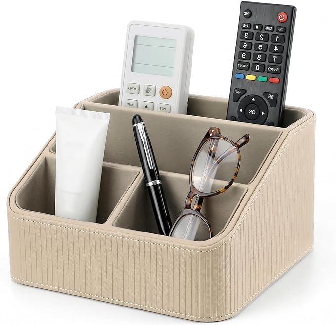 Remote Control Holder with 4 Compartments, PU Leather Desktop Organizer for Nightstand or Desk, Multifunctional Storage Box for Office Supplies and Home Accessories (Beige)