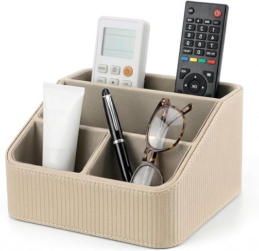 Remote Control Holder with 4 Compartments, PU Leather Desktop Organizer for Nightstand or Desk, Multifunctional Storage Box for Office Supplies and Home Accessories (Beige)
