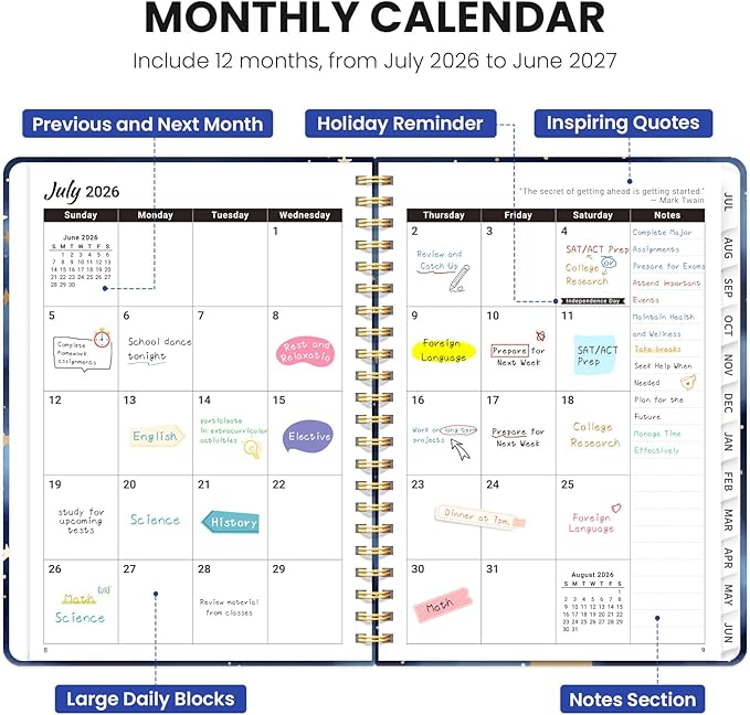Planner 2026-2027, Monthly and Weekly Academic Planner July 2026 - June 2027, Hardcover Student Teacher Planning Agenda Calendar Book with Tabs, Perfect for Office School Supplies, A5 (6.3" x 8.5") - Starry Night